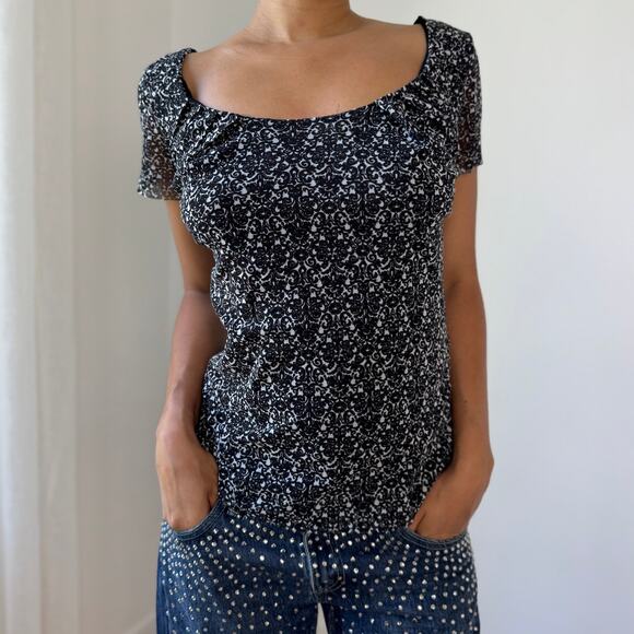 Vintage Black & White Floral Mesh Top by Marella (S/M) - Picture 2 of 10